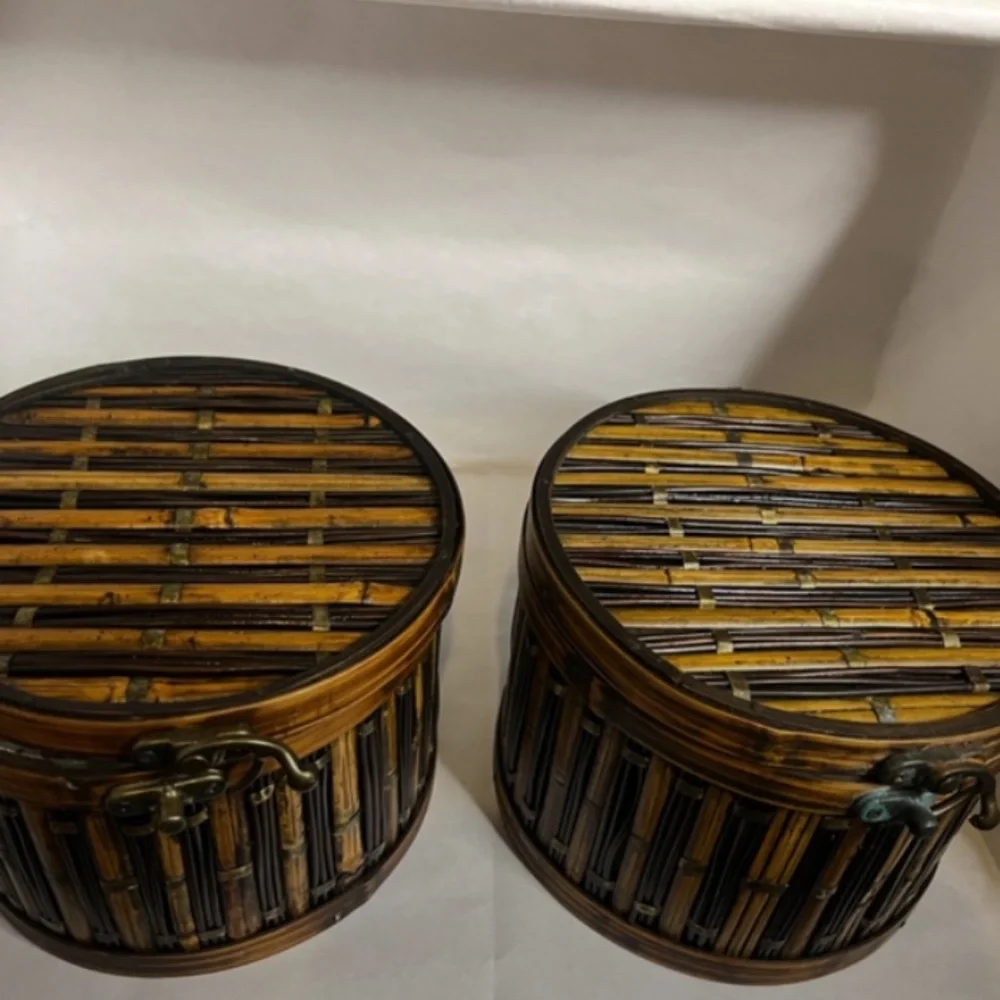 2 Vintage Basket Weave Ratan Wicker Container Woven Storage Organizer with Lid